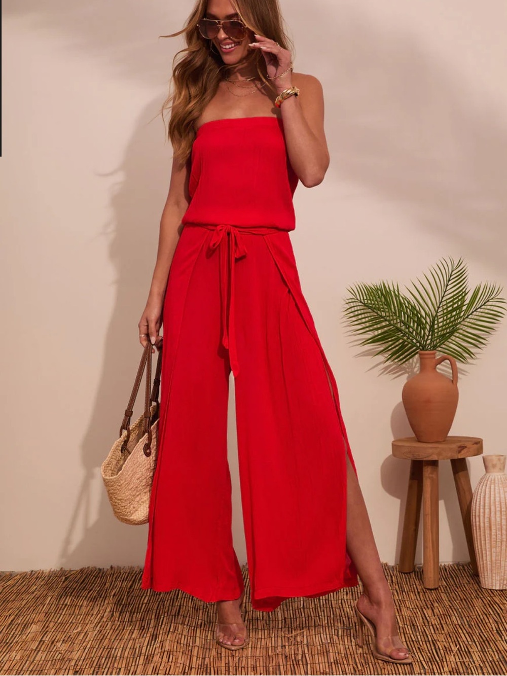 VICI Strapless Red Wide-Leg Jumpsuit with Tie Waist